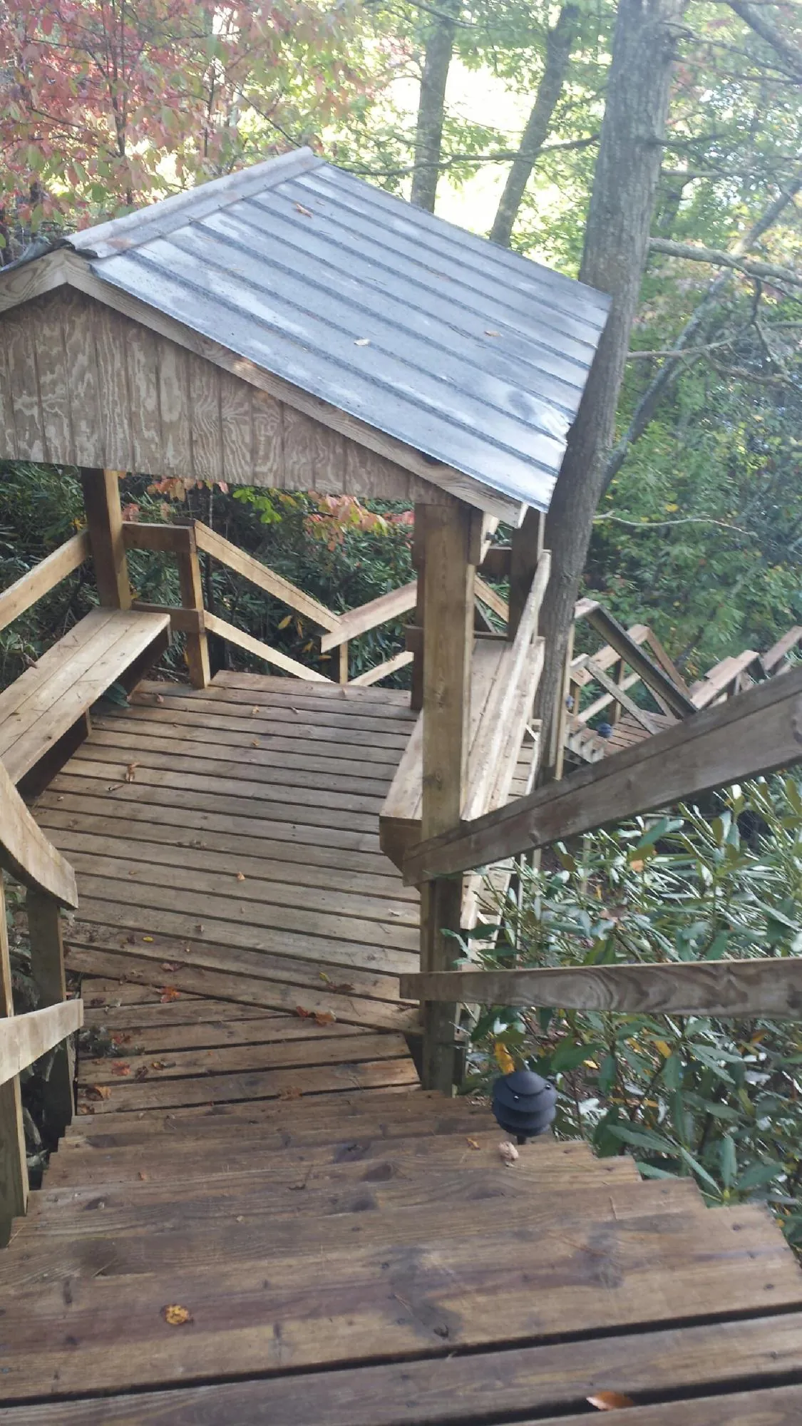 Metal roofed shelter over wooden steps on a wooded walkway — Skylight Repair & Installation work by our crew in Steger